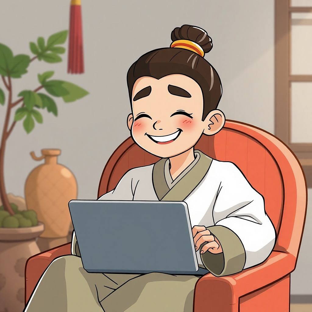 daoist disciple smiling chatting on laptop